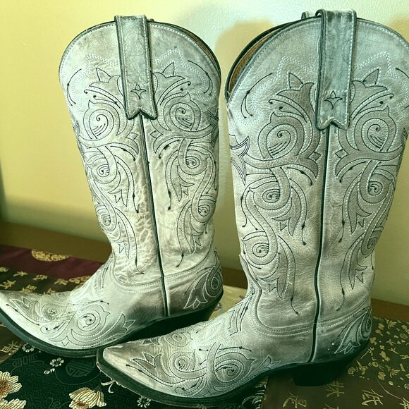 Sterling River Boots Shoes - STERLING RIVER BOOTS Women's Gray Embroidered Leather Cowboy Pointed Toe, 7 B